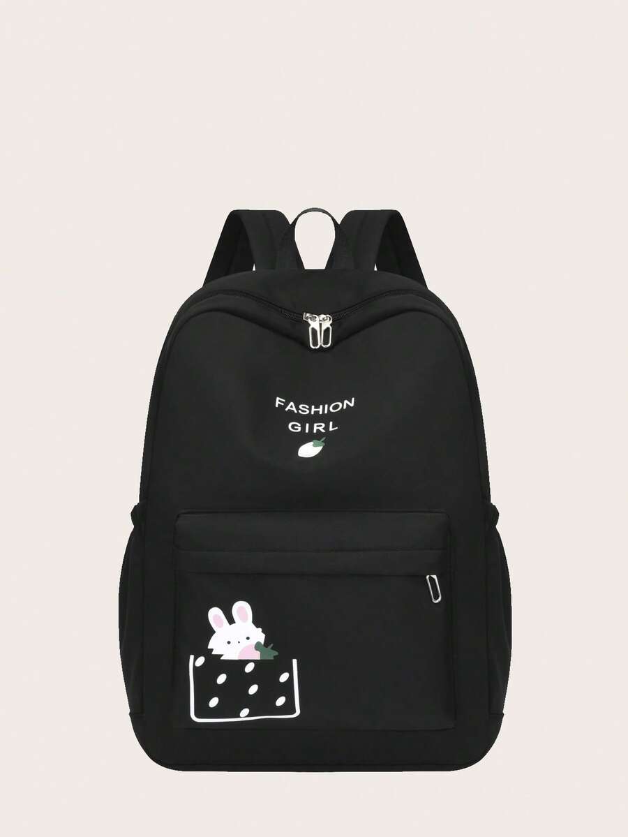 女孩字母圖案和兔子圖案拉鍊經典背包 - 黑色 - 查看 1