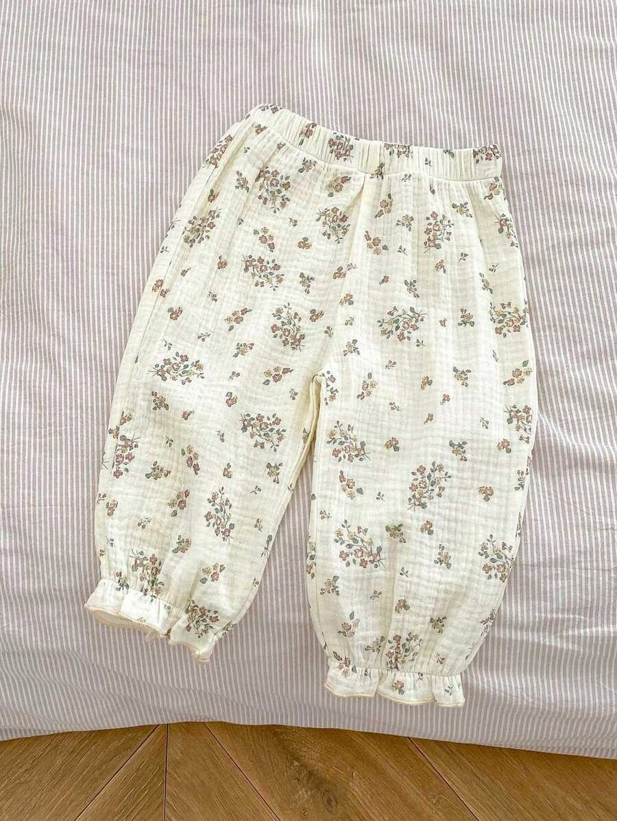 Ropa de verano para recién nacidos, pantalones florales de moda y versátiles para niñas de 0 a 3 años - Beis - Ver 1