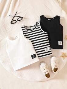 SHEIN Playful Pals 男嬰3入組條紋印花貼布細節背心上衣