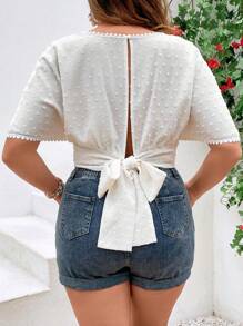 SHEIN VCAY Plus Swiss Dot Tie Back Blouse - White - View 1