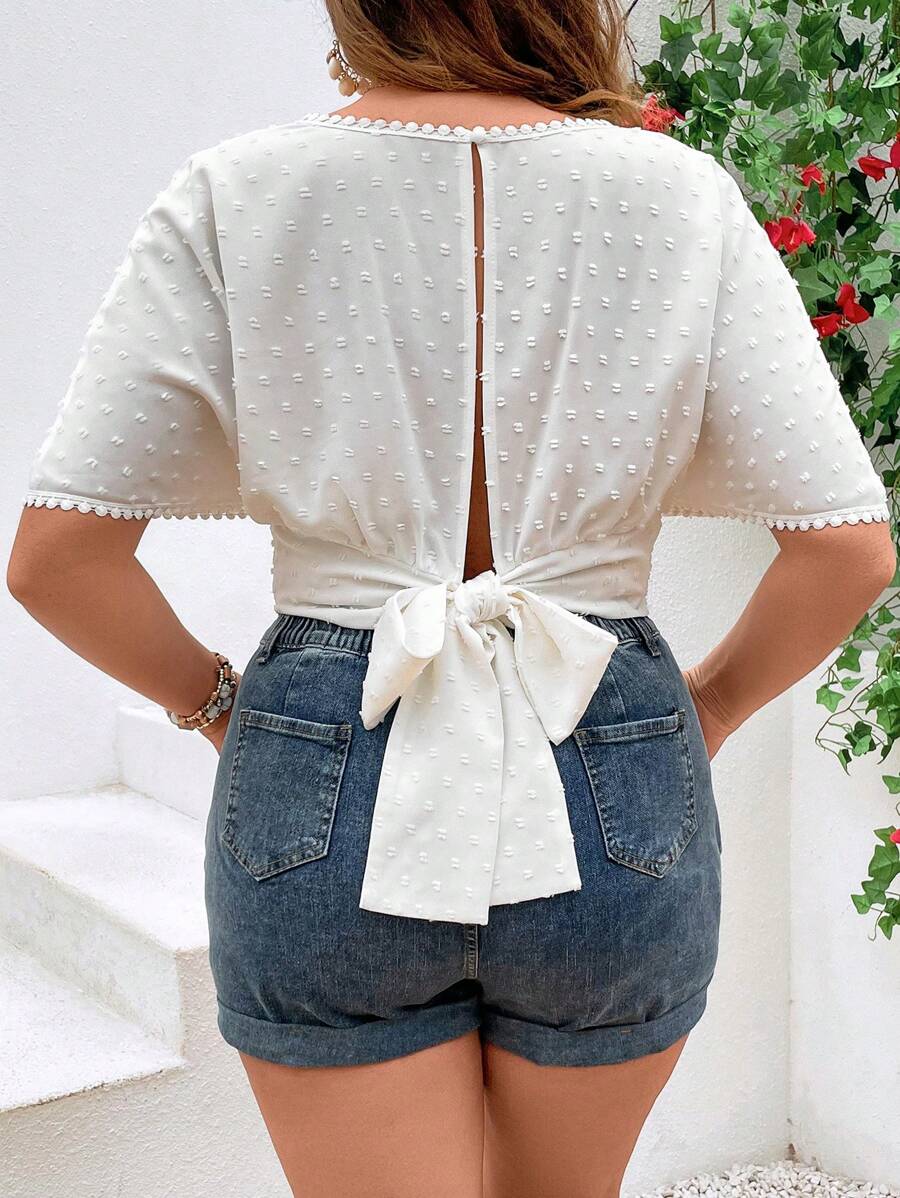 SHEIN VCAY Plus Swiss Dot Tie Back Blouse - White - View 1