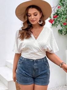 SHEIN VCAY Plus Swiss Dot Tie Back Blouse - White - View 4