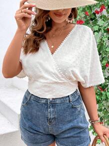 SHEIN VCAY Plus Swiss Dot Tie Back Blouse - White - View 5