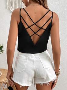 SHEIN VCAY Solid Criss Cross Back Cami Top - Black - View 6