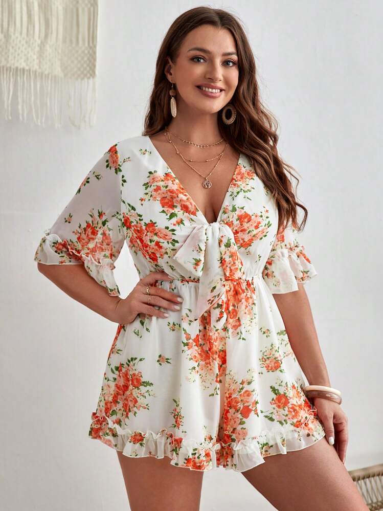 SHEIN VCAY Plus Floral Print Knot Front Flounce Sleeve Romper