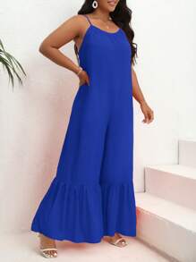 SHEIN VCAY 大碼荷葉邊吊帶連體褲 - 寶藍色 - 查看 4