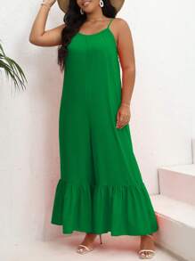 SHEIN VCAY Jumpsuits Plus Size Viên lá sen màu trơn Giải trí - màu xanh lá - Xem 3