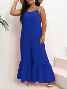 SHEIN VCAY 大碼荷葉邊吊帶連體褲 - 寶藍色 - 查看 5