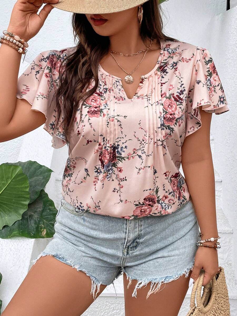 SHEIN LUNE 大碼印花缺口領蝴蝶袖襯衫 - 粉色 - 查看 1