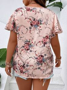 SHEIN LUNE 大碼印花缺口領蝴蝶袖襯衫 - 粉色 - 查看 2