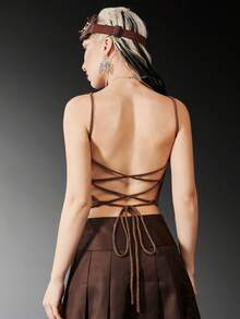 ROMWE Grunge Punk 星星圖案吊脖針織上衣 - 咖啡棕 - 查看 2