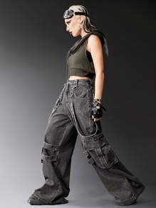 ROMWE Grunge Punk 纯色带子细节翻盖口袋工装男友风牛仔裤，学校风 - 深灰色 - 查看 4