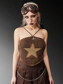 ROMWE Grunge Punk 星星圖案吊脖針織上衣 - 咖啡棕 - 查看 4