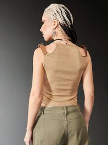 ROMWE Grunge Punk Skull Print Cut Out Tank Top - Khaki - View 2