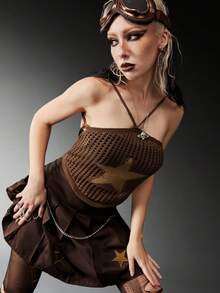 ROMWE Grunge Punk 星星圖案吊脖針織上衣 - 咖啡棕 - 查看 6