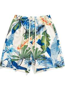 Hombres Shorts de natación con estampado tropical de cintura con cordón - Multicolor - Ver 1