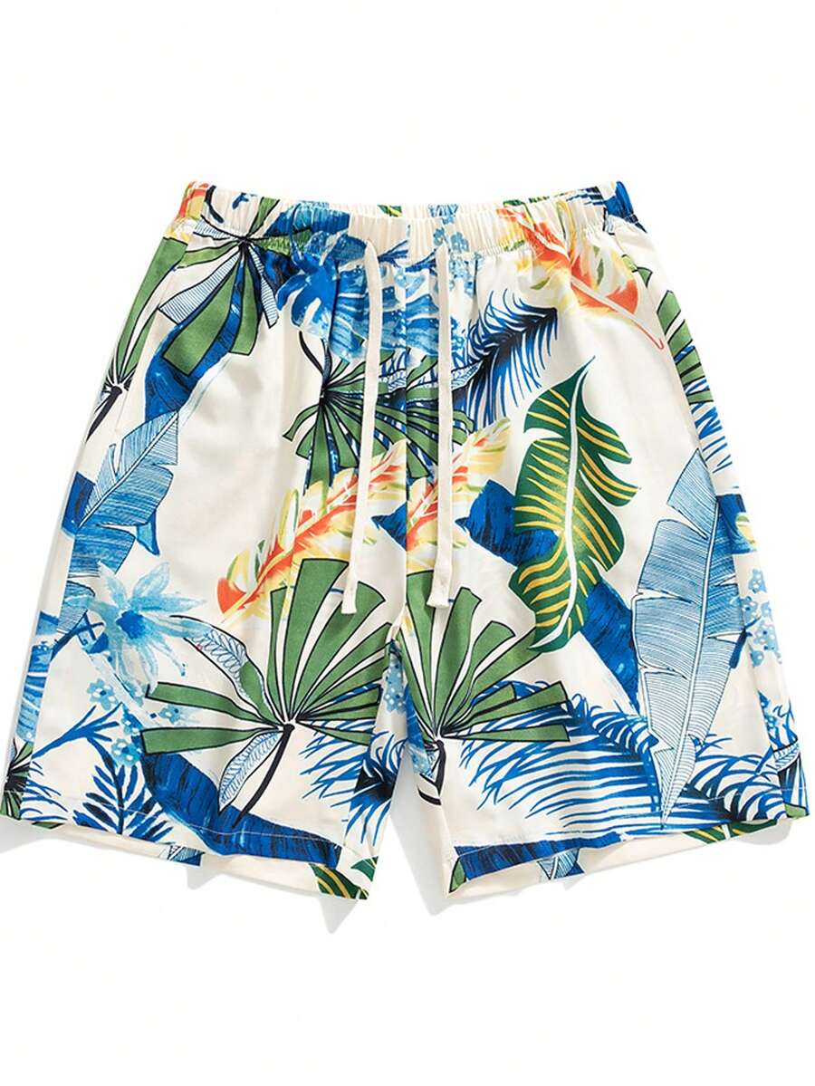 Hombres Shorts de natación con estampado tropical de cintura con cordón - Multicolor - Ver 1