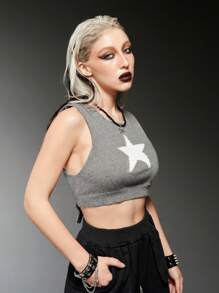 ROMWE Grunge Punk 星星圖案短款毛衣背心 - 灰色 - 查看 5