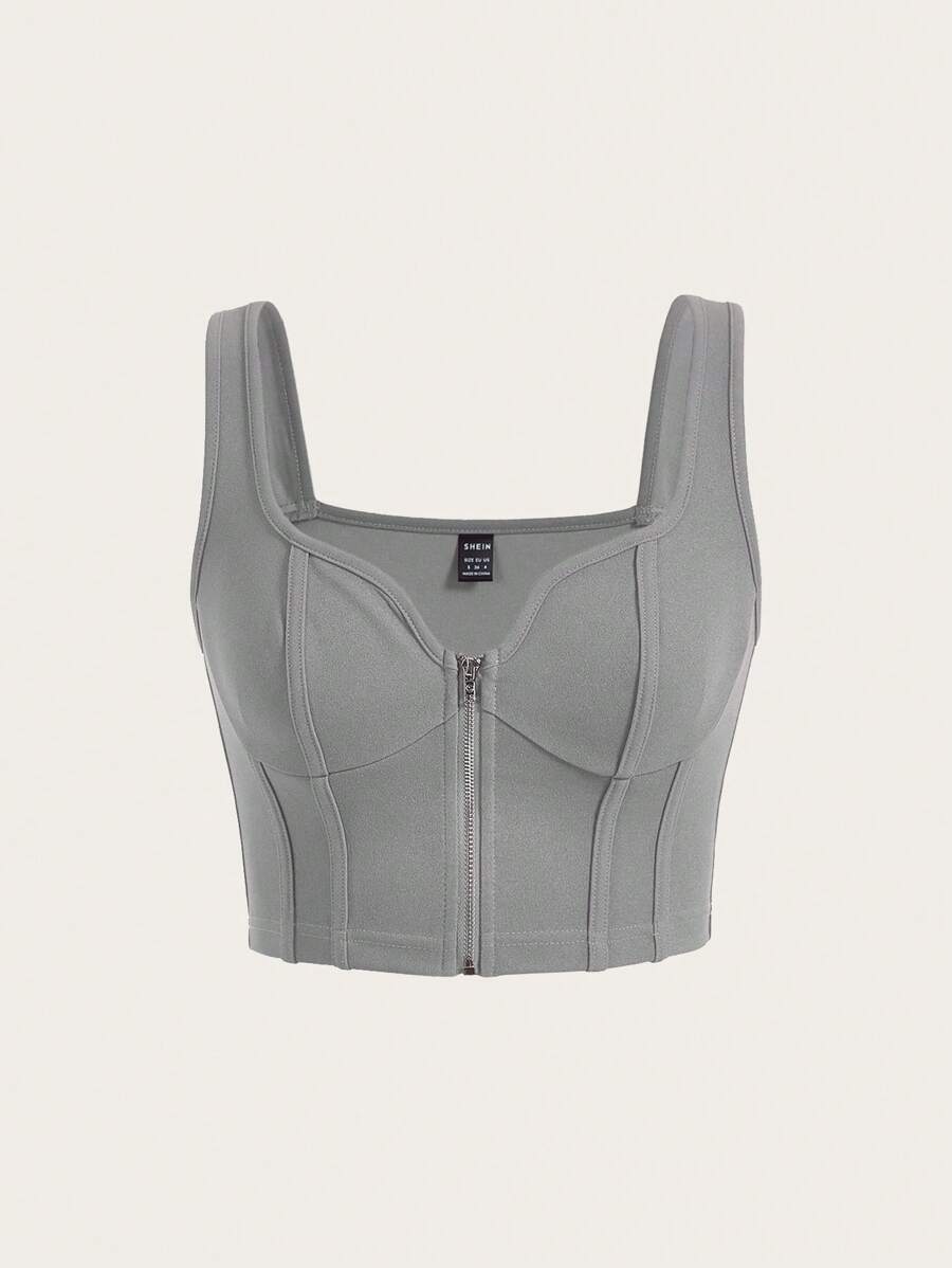 SHEIN ICON 拉鏈開襟短款背心 - 灰色 - 查看 1