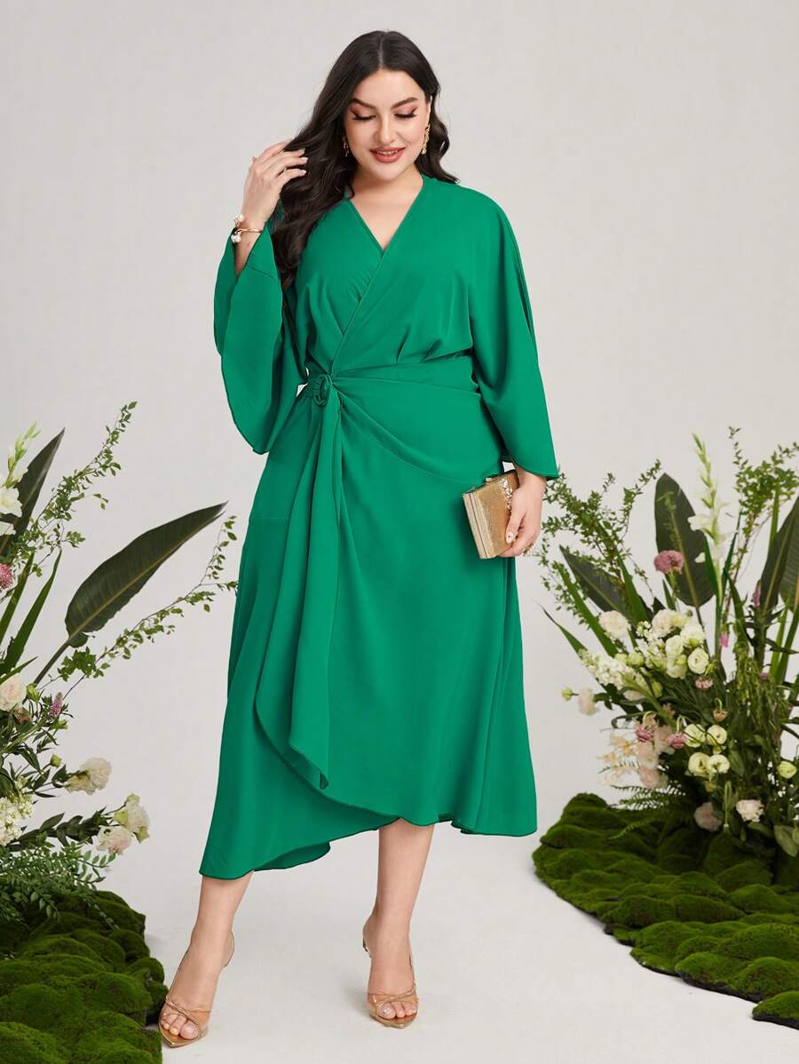 Mulvari Plus Solid Twist Front Wrap Hem Dress - Green - View 1