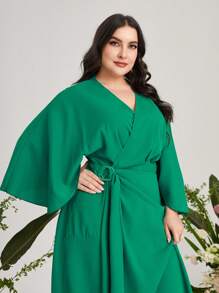 Mulvari Plus Solid Twist Front Wrap Hem Dress - Green - View 3