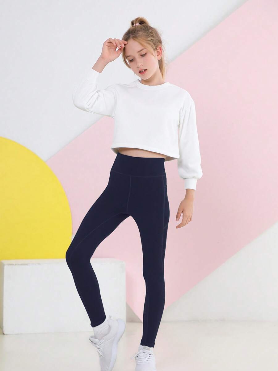 女大童素色高腰緊身打底褲 - 藏蓝色 - 查看 1