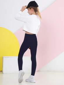 女大童素色高腰緊身打底褲 - 藏蓝色 - 查看 4