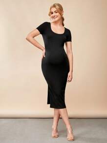SHEIN Maternity Scoop Neck Split Thigh Dress - Black - View 3