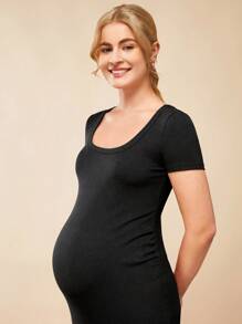 SHEIN Maternity Scoop Neck Split Thigh Dress - Black - View 4