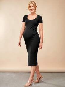 SHEIN Maternity Scoop Neck Split Thigh Dress - Black - View 5