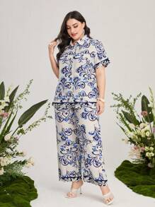 Mulvari 大碼滿版印花襯衫和闊腿褲 - 藍白色 - 查看 3