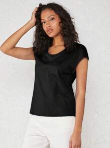 SHEIN BASICS 純色蝙蝠袖t恤 - 黑色 - 查看 7