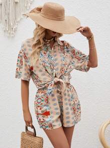 SHEIN VCAY 佩斯利印花落肩袖襯衫和短褲 - 卡其色 - 查看 5