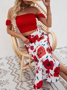 SHEIN VCAY 一字肩短款上衣和印花高衩半身裙 - 紅白色 - 查看 3