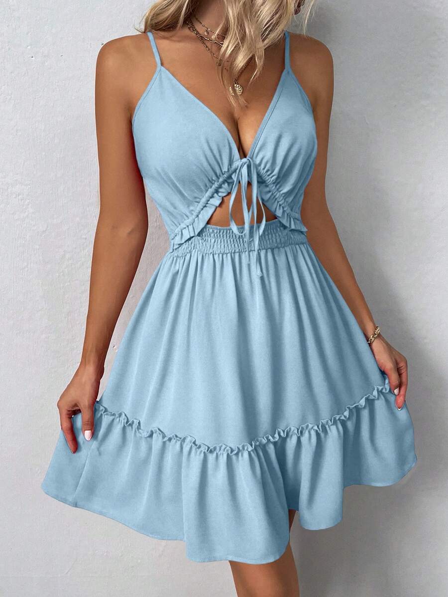 Chiquease Cut Out Tie Front Ruffle Hem Cami Dress - Baby Blue - View 1