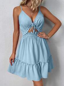 Chiquease Cut Out Tie Front Ruffle Hem Cami Dress - Baby Blue - View 5