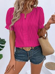 Breezaya Notched Neckline Puff Sleeve Blouse - Hot Pink - View 1