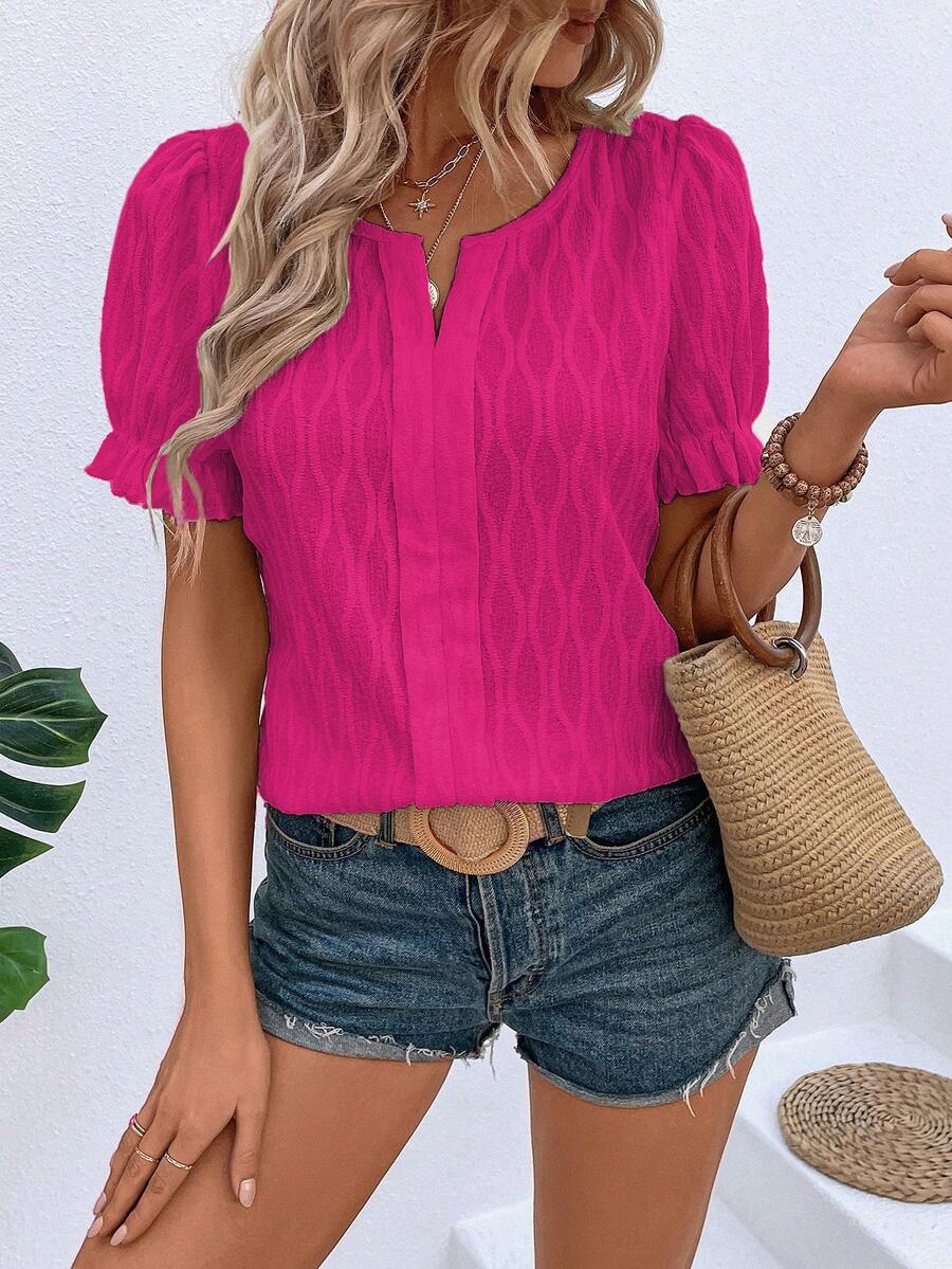Breezaya Notched Neckline Puff Sleeve Blouse - Hot Pink - View 1