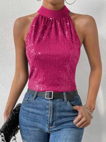 Allurite Keyhole Back Sequin Halter Top - Hot Pink - View 1