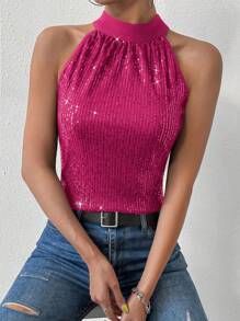 Allurite Keyhole Back Sequin Halter Top - Hot Pink - View 4