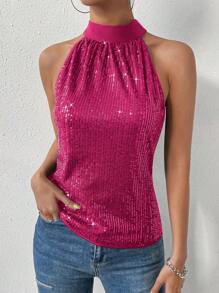Allurite Keyhole Back Sequin Halter Top - Hot Pink - View 5