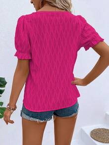 Breezaya Notched Neckline Puff Sleeve Blouse - Hot Pink - View 2