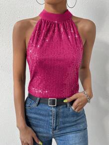 Allurite Keyhole Back Sequin Halter Top - Hot Pink - View 6
