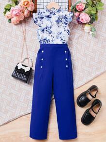 SHEIN Girls Floral Print Ruffle Trim Mock Neck Blouse & Button Detail Trousers - Blue and White - View 1