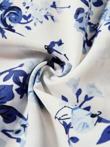 SHEIN Girls Floral Print Ruffle Trim Mock Neck Blouse & Button Detail Trousers - Blue and White - View 7