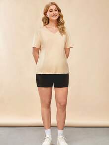 SHEIN Maternity  V-Neck Solid Tee - Apricot - View 5