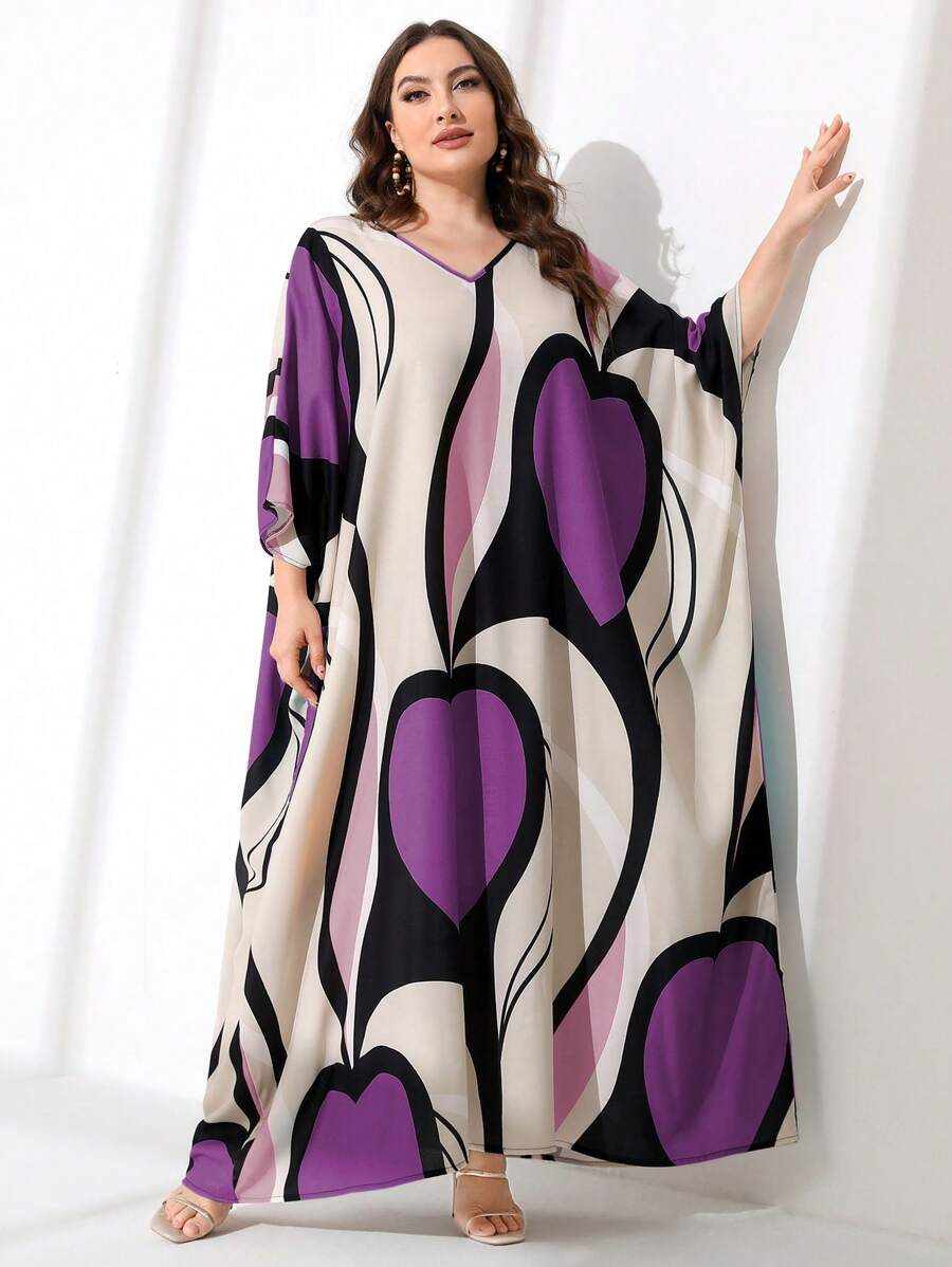 Modelyn 大碼滿版印花蝙蝠袖長連衣裙 - 彩色 - 查看 1