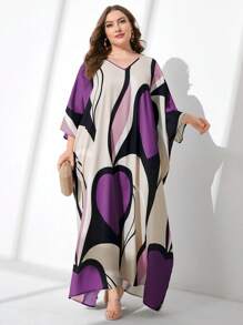 Modelyn 大碼滿版印花蝙蝠袖長連衣裙 - 彩色 - 查看 5