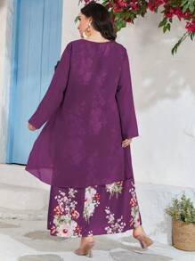 Mulvari Đầm Plus Size Tương phản Mesh Hoa Khiêm tốn - Màu tím - Xem 2