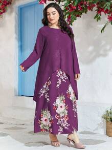 Mulvari Đầm Plus Size Tương phản Mesh Hoa Khiêm tốn - Màu tím - Xem 4